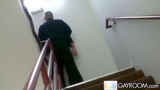 Hot Steamy Kisses Turn into Deep Throat Action – Naughty Gays Collide on Stairs – GayXXX
