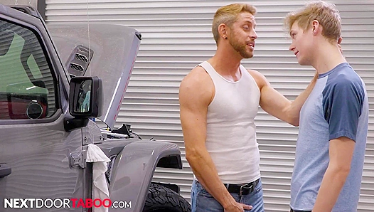 Tight Twink Gets Pounded by Hunky Neighbor Mechanic — Hot Gay Anal Action