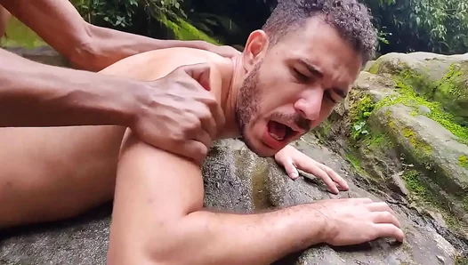 Sweat-Slicked Encounter: Buff Black Stallion Claims Virgin Under the Falls – Interracial